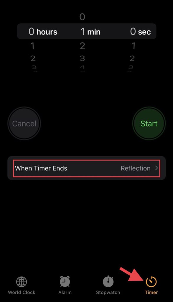 Go to “Timer” and then tap on the “When Timer Ends”​ to set up the sounds for the timer’s ending 