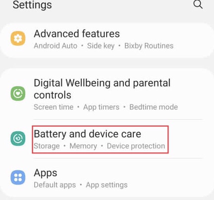 Scroll down the Settings page to find Battery and device care
