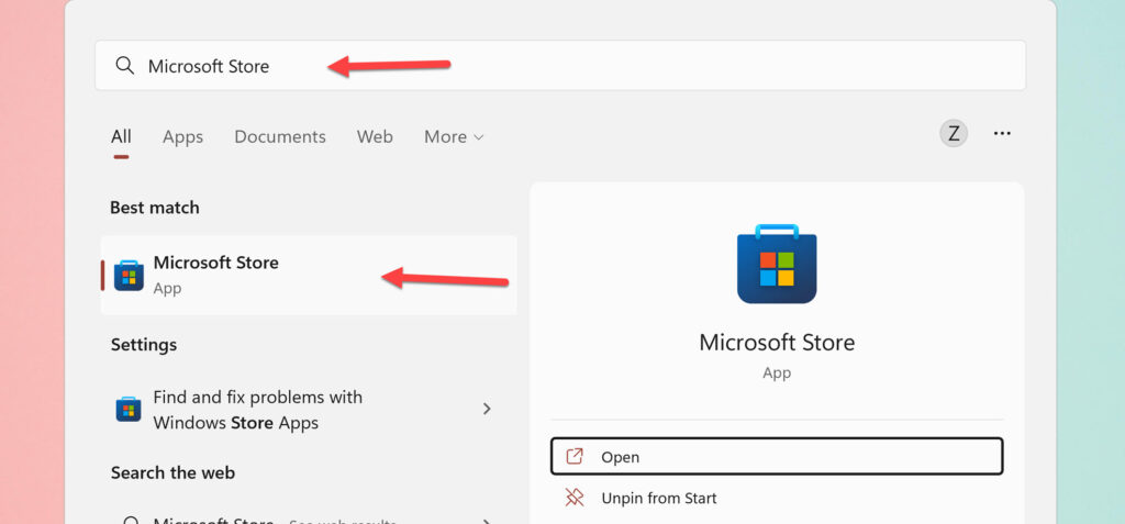 Open the Microsoft Store by searching for it in the Start