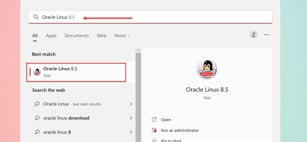 Open Oracle Linux by searching for it in the Start