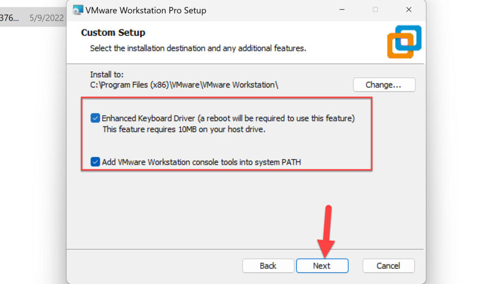 Select the installation destination and any additional features