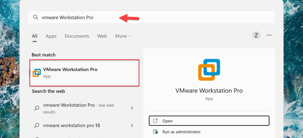 Open VMware Workstation Pro from Start Menu