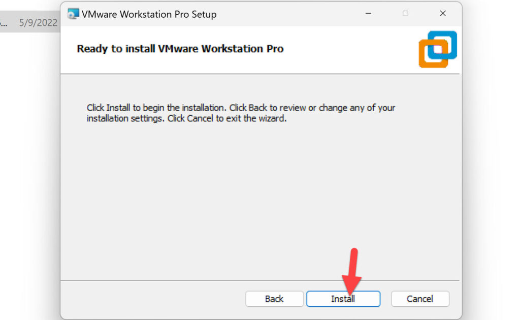 Install VMware Workstation Pro on a Windows 11 PC by click on the Install button