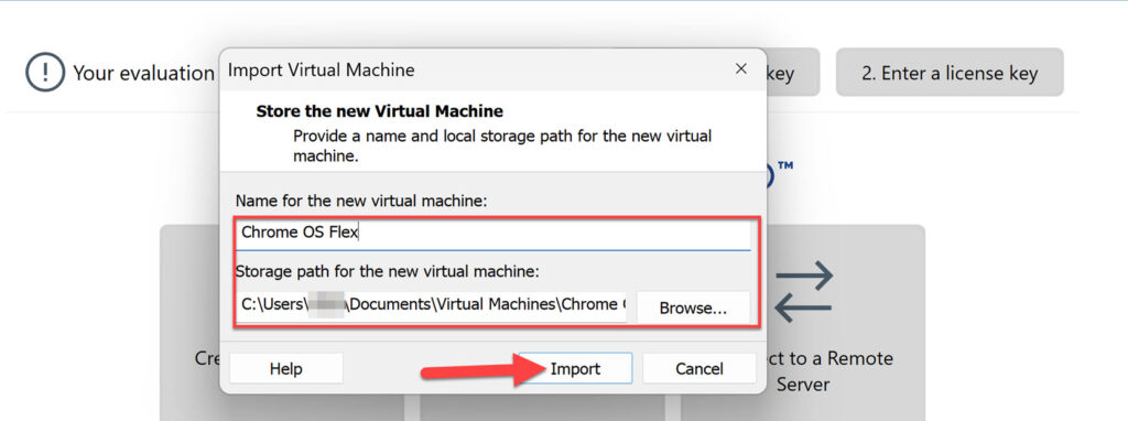 After selecting a name and location, click Import to start importing the Chrome OS Flex OVA file