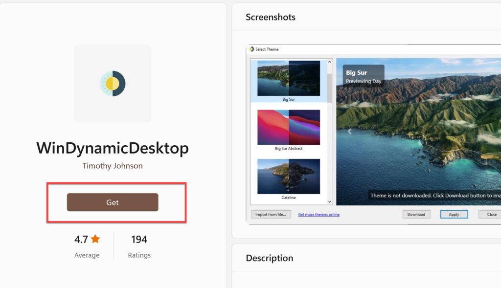 Click Get to install WinDynamicDesktop on your PC