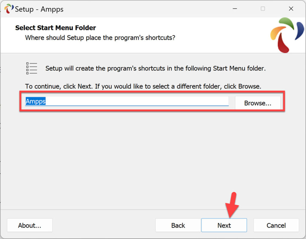 Select Start Menu folder for AMPPS Stack on Windows 11