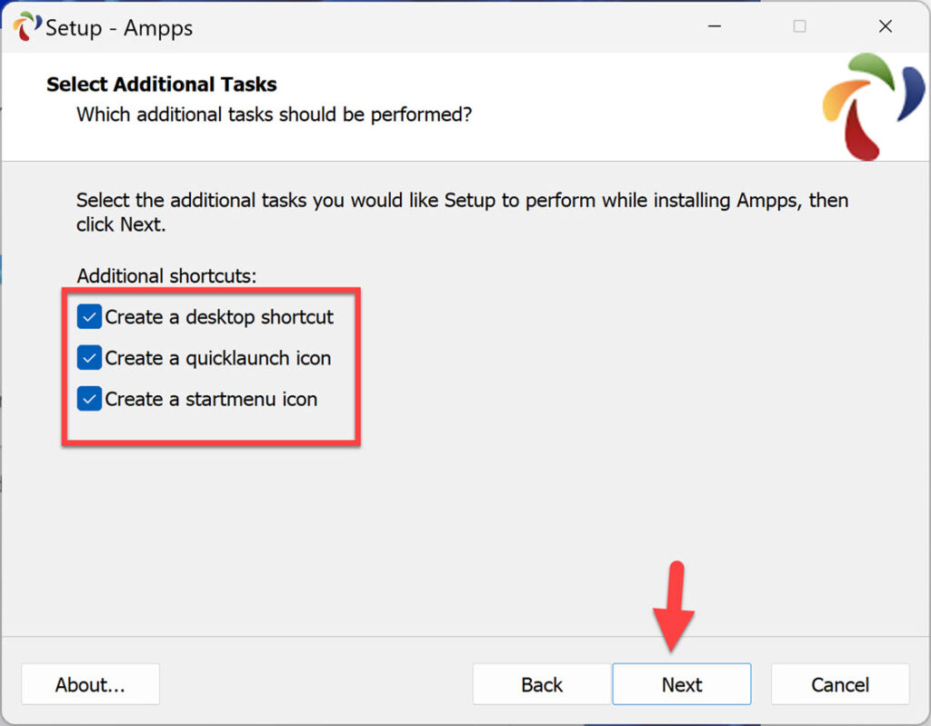 Select additional shortcuts for AMPPS Stack on your Windows 11 PC