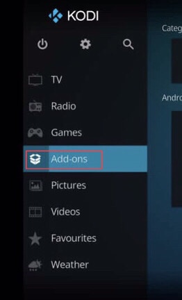 Scroll down the settings menu, which is in the upper corner of the Kodi screen, to select “Add-ons.”