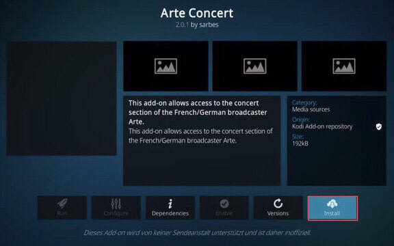 To add the “Arte Concert” into the Kodi app, tap on the “Install.” button.