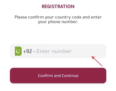 To register in the app, “Enter your number” and tap on the “Confirm and Continue” button.