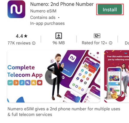 Go to your “Google Play Store” and search for “Numero eSIM,” then tap to install the app.