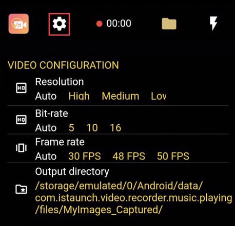  In the app's settings, you have many choices for the video you record, then tap on the “Settings Icon” to choose the “Video resolution, Bit-rate, Fram-rate, and Output recovery.”
