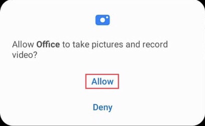 To permit app access to take pictures and record videos tap on the “Allow” option.