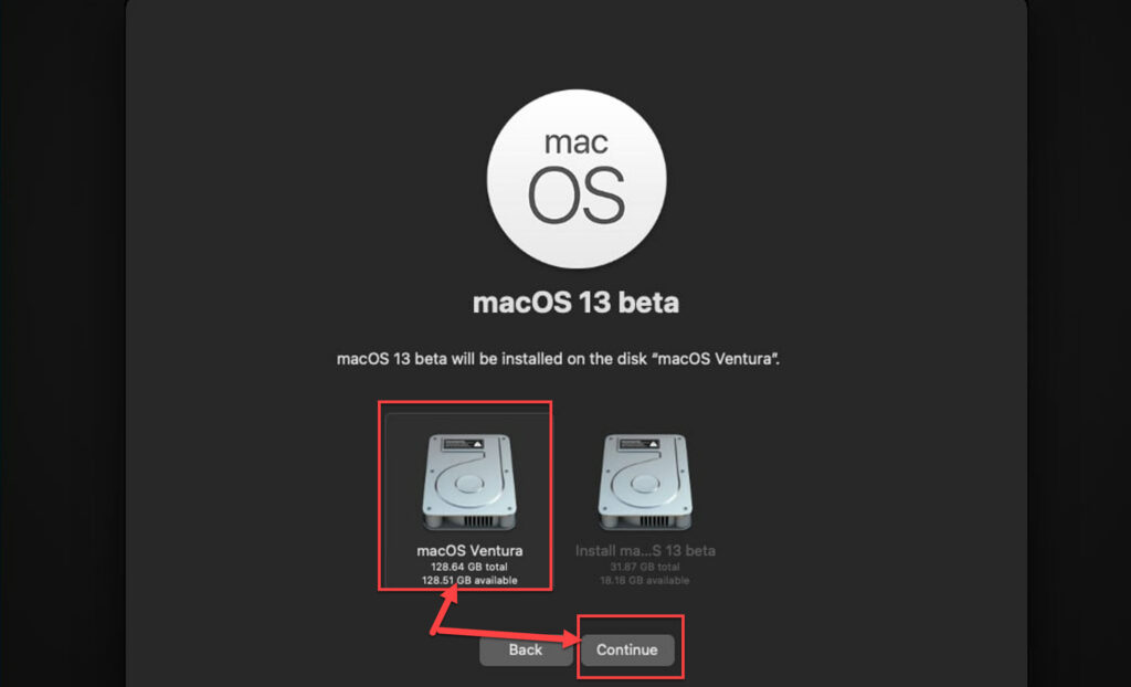 To install macOS Ventura on VirtualBox select a disk