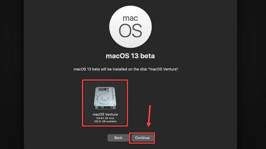 Select disk for macOS Ventura