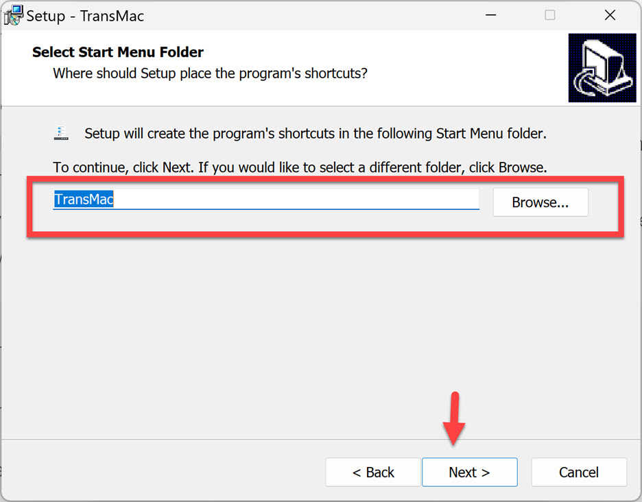 Select the Start Menu folder for TransMac
