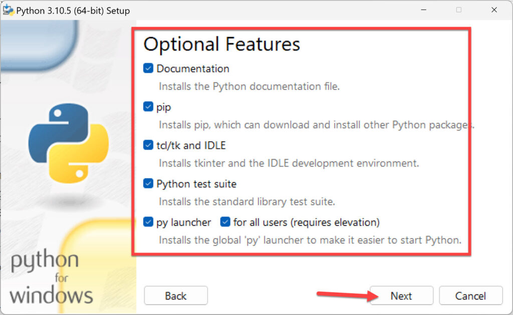 Choose the Optional Features you want to install with Python