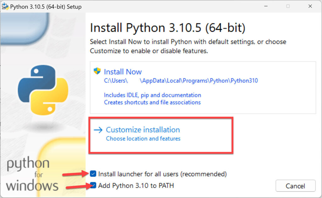 Choose Customize Installation to install Python on Windows 11 with features