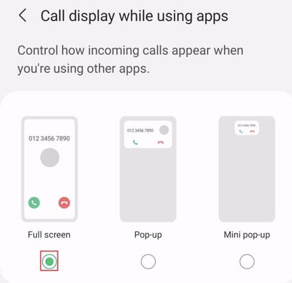 Now select the “Full screen” option to get full-screen caller ID on Android 12