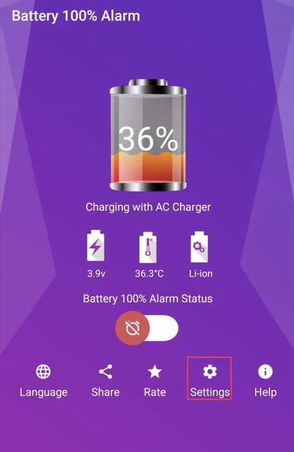 To set a limit for battery charging, tap on the “Settings” icon on the app’s screen.
