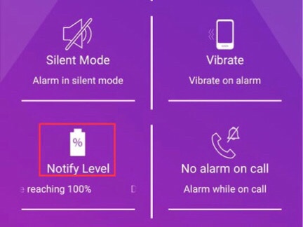 To limit battery charging on Samsung Galaxy Phones, scroll down the app's settings and choose the “Notify level.”.