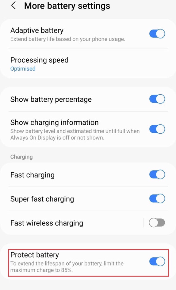To set battery charging limit to extend your Samsung battery life, turn on the “Protect battery.”