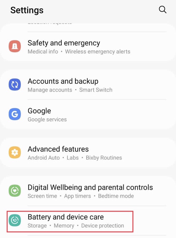 Select the “Battery and device care” from the settings menu.
