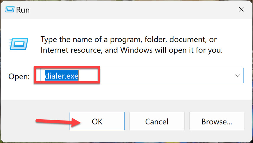 open dialer.exe from Run command