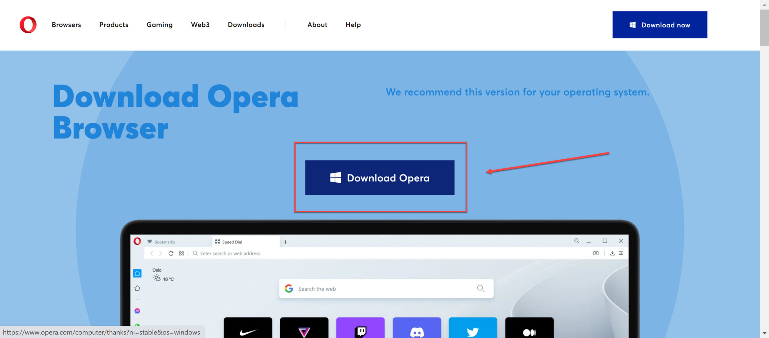 Download Opera Browser on Windows 11 from its official site