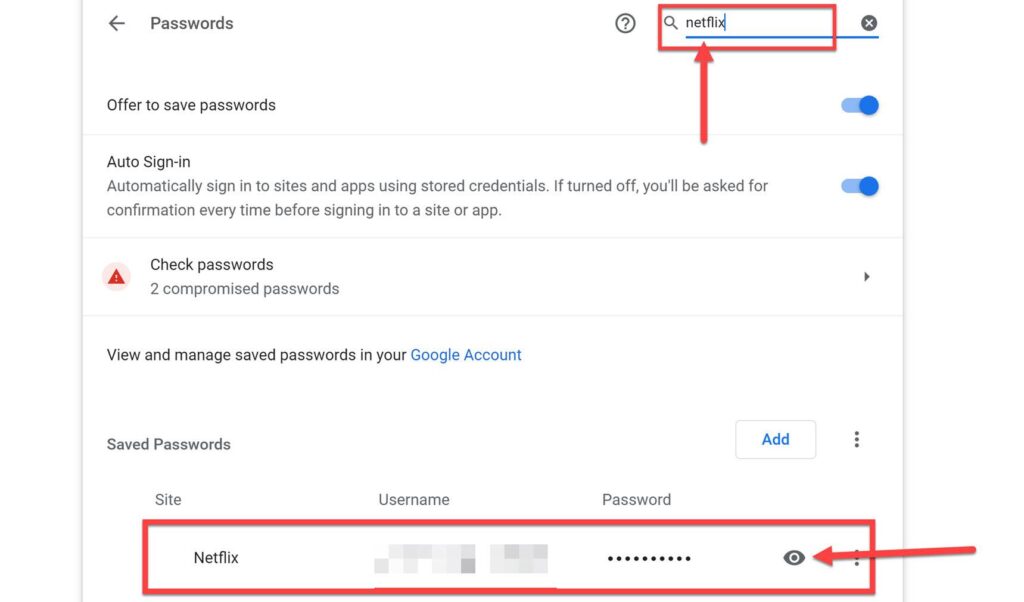 Search for Netflix in Password
