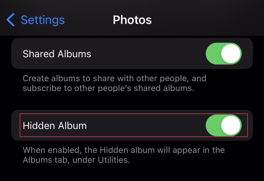 To hide a hidden album on iOS 16, tap to turn on the “Hidden Album.” 