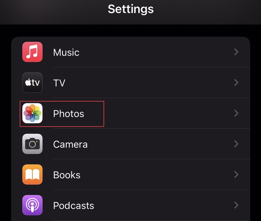 Now select “Photos” from the Settings menu.