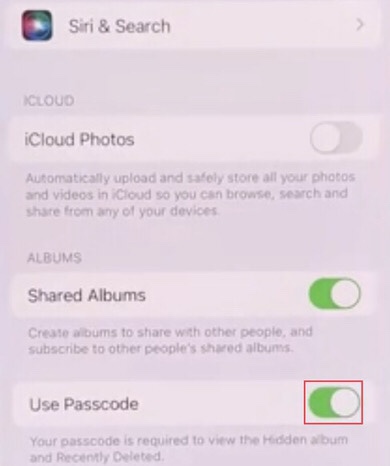 Now tap to turn on the “Use Passcode” option to lock hidden photos album on iOS 16