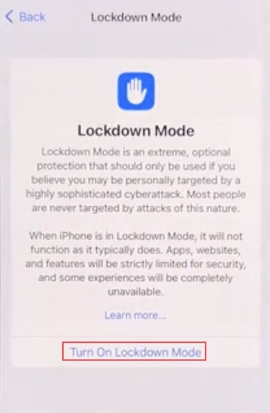 To enable Lockdown Mode on iPhone (iOS 16) tap on the “Turn On Lockdown Mode”.