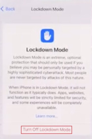 Now tap on the “Turn Off Lockdown Mode” to disable it.