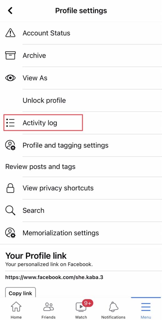 To know your activity on Facebook, tap on the “Log Activity.”