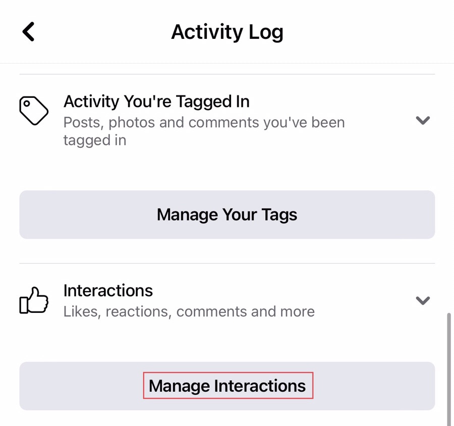 Now select the “Manage interactions” from the log activity menu.