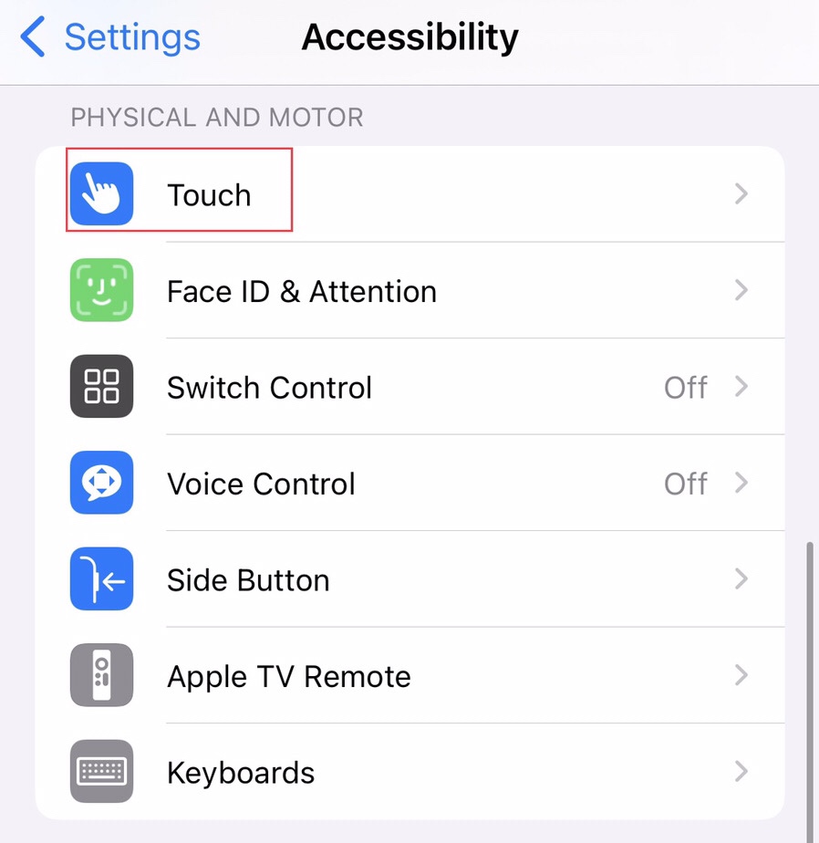 Tap on the “Touch” from the accessibility menu.
