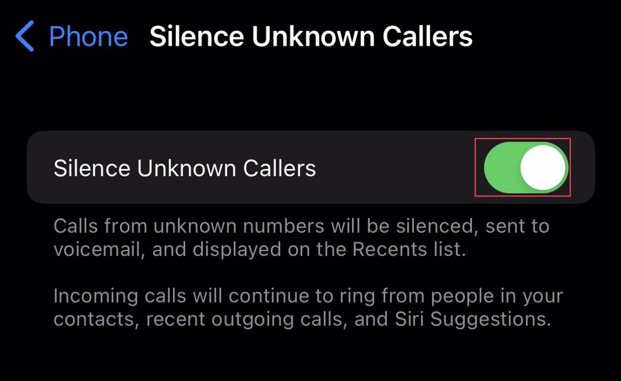 Now tap to turn on the “Silence Unknown Callers” option.