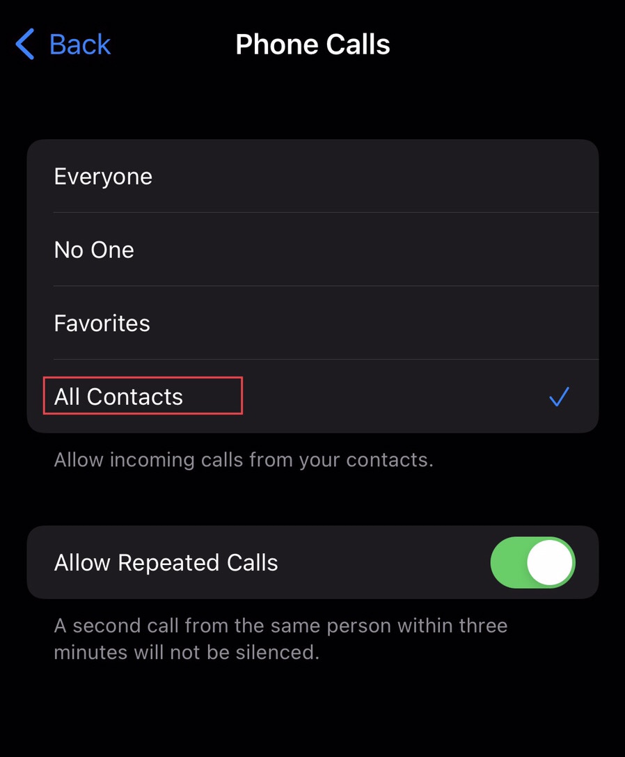 Now to block No Caller ID calls on iPhone in iOS 16, select the “All Contacts” from the calls from the menu.
