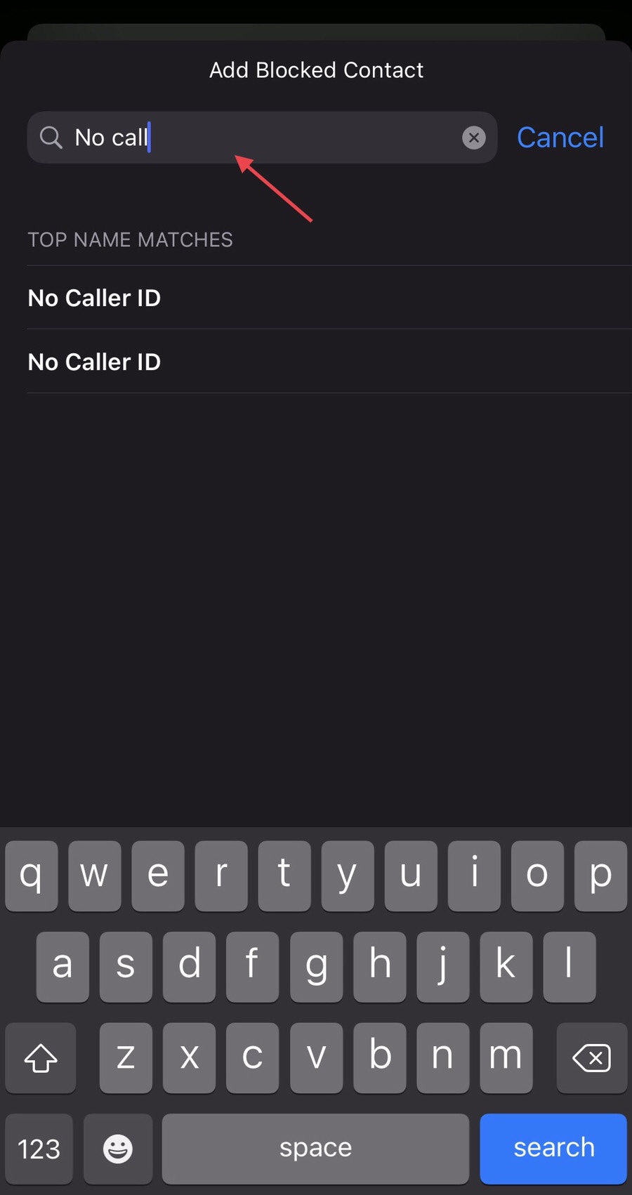 Search for the “No caller ID” contact in the search box and select it.