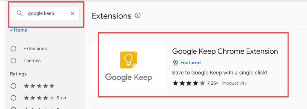Search for Google Keep in Chrome Web Store