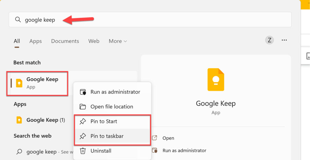 Pin Google Keep to Start and taskbar