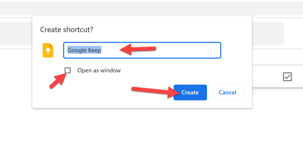 Create Google Keep Shortcut on Windows 11