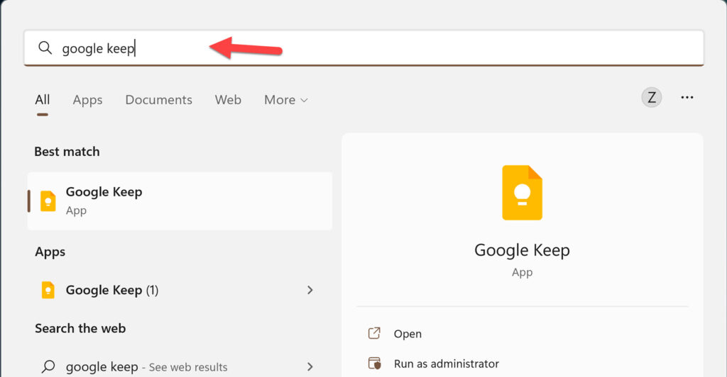 Open Google Keep on Windows 11 by searching for it in the Start Menu