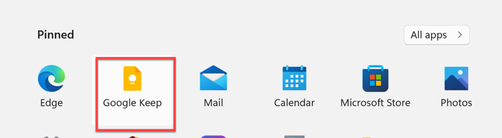 Google Keep in Start Menu