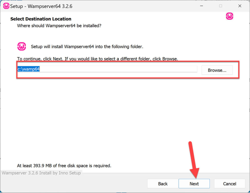 Select Destination Location for WampServer