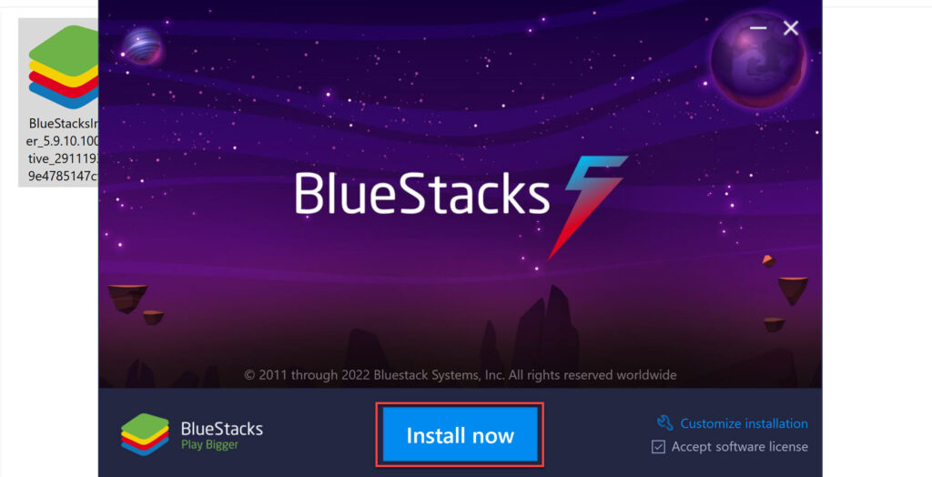 To install BlueStacks on Windows 11 click Install Now