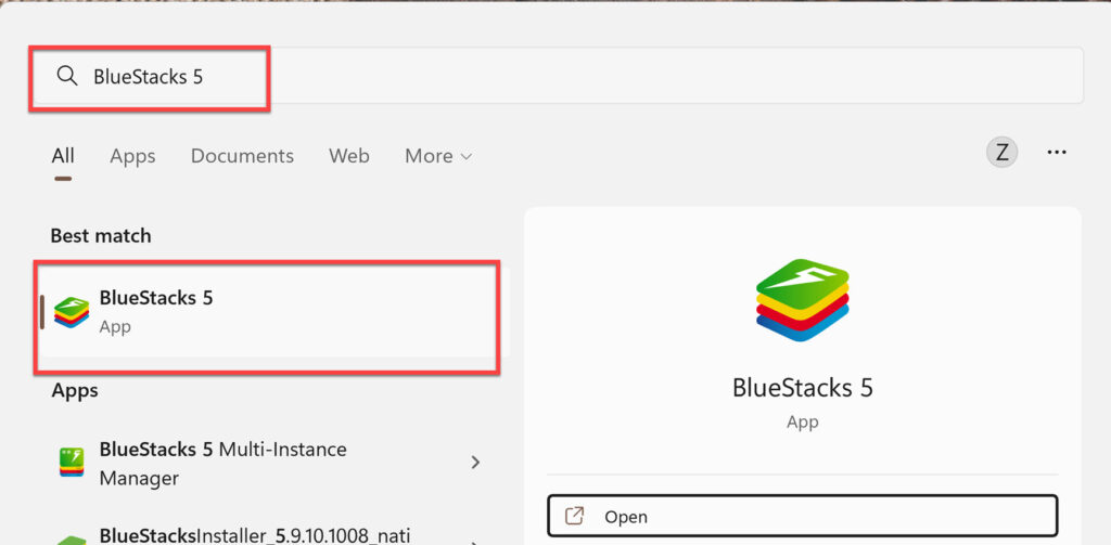 Open BlueStacks from Start Menu