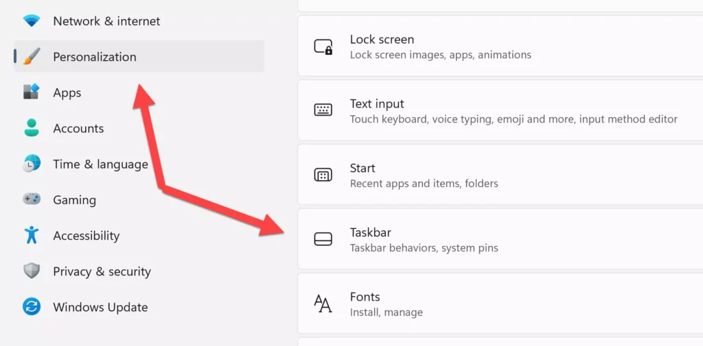 Click Personalization and go to Taskbar settings